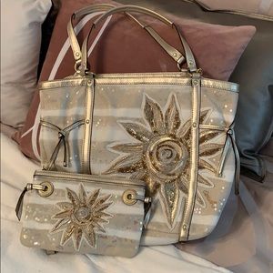 Gold embroidered Coach tote and wristlet